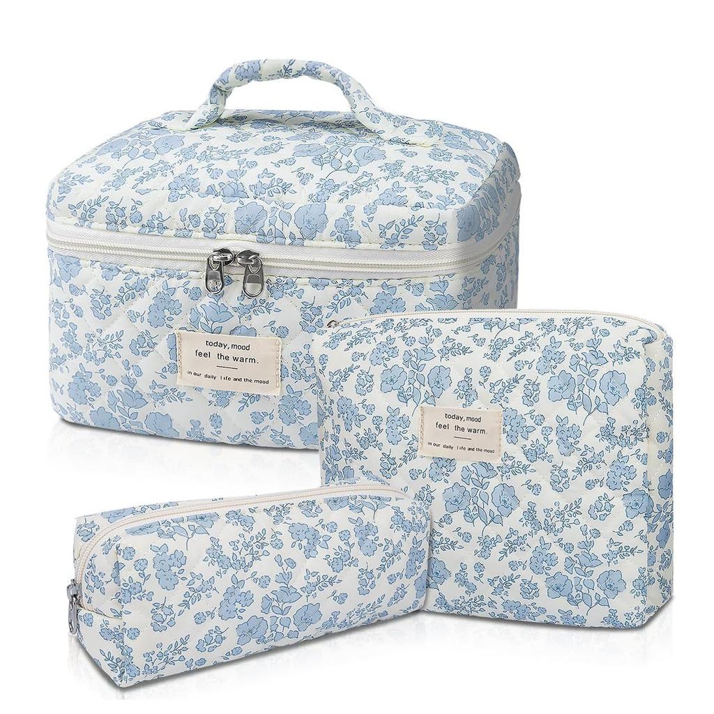 Floral Makeup Bag Quilted Cosmetic Large Capacity Travel Makeup Pouch Set of Blue Set, Pouch, 3,