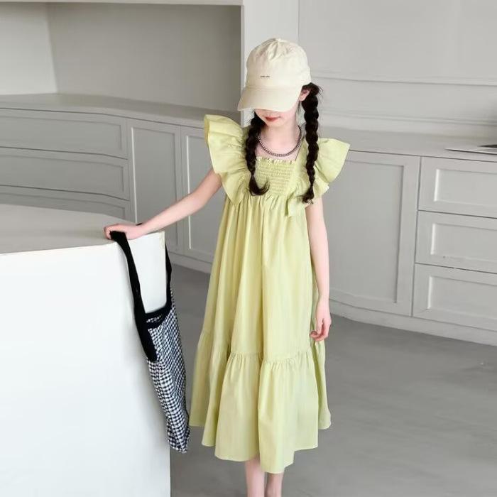 Girls Summer Solid Short Cap Sleeve Sweet Long Dress for Big Kids Korean Princess Gown 120