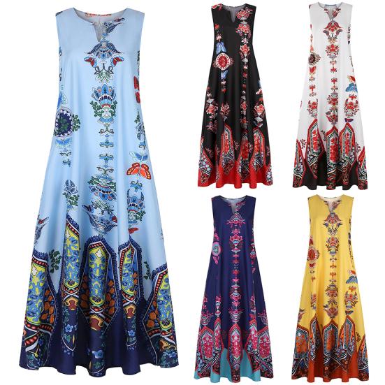 Plus Size?Bohemian Summer Beach Women Sleeveless V Neck Loose Kaftan Maxi Dress