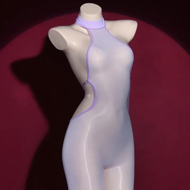 Sexy Women Backless Shiny Glossy Full Bodystockings Open/Closed Crotch Pantyhoses Transparent Jumpsuit Sex Game Sm Tights