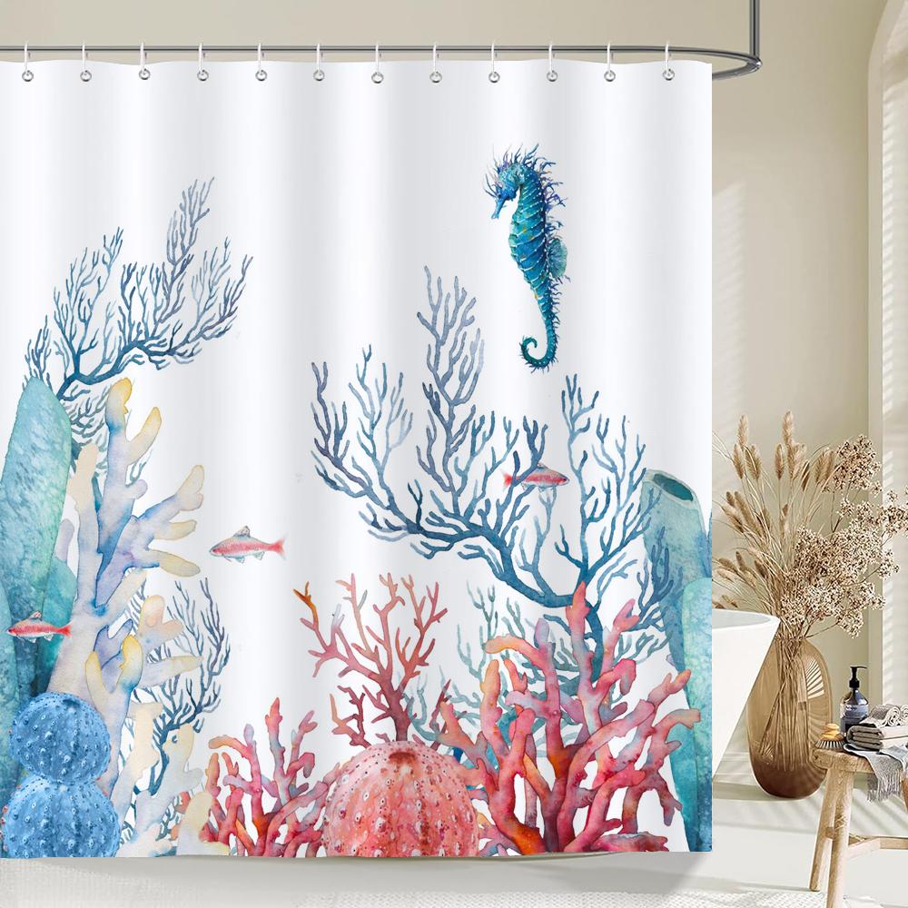 Dolphin Shower Curtain Blue Underwater World Marine Life Polyester Fabric Kids Ocean Theme Bathroom Decor Set With 12 Hooks