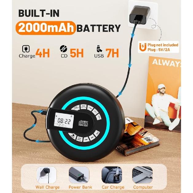 Portable CD Player with Speaker Bluetooth Disman, FM Transmitter, Anti-Skip Protection, Headphones, AUX/USB Supported, LCD Display RGB Light