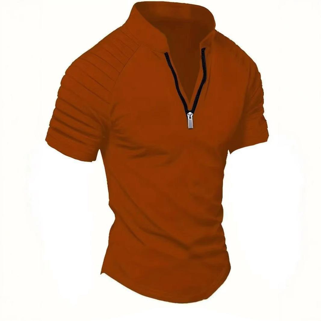 

Мужская летняя спортивная, фитнес, повседневная футболка с коротким рукавом, эластичная по вертикали, с воротником на молнии. 3XL оранжевый