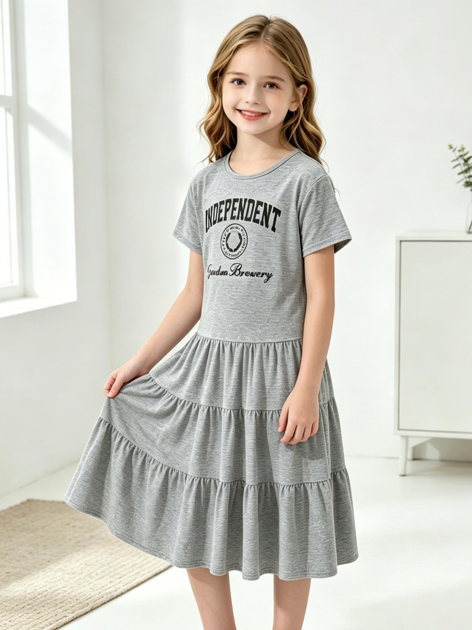 Girls Letter Print Short Sleeve Tiered Dress Casual Cotton Summer Dress 4-12Y 4-5Y серый