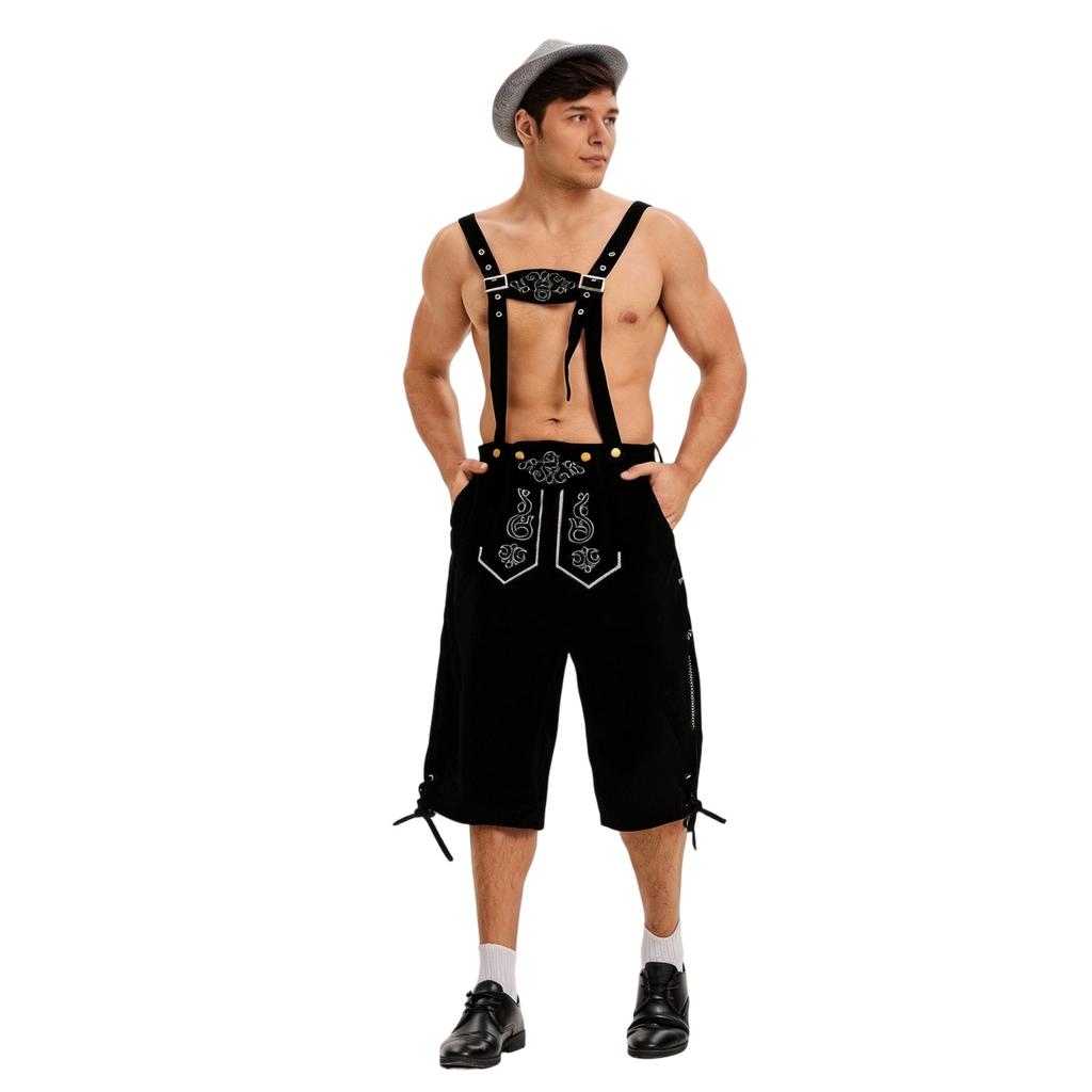 Traditional Bavarian Embroidered Men Suspenders Lederhosen Festival Costume Vintage Style Knee-Length Pants Party Outfit