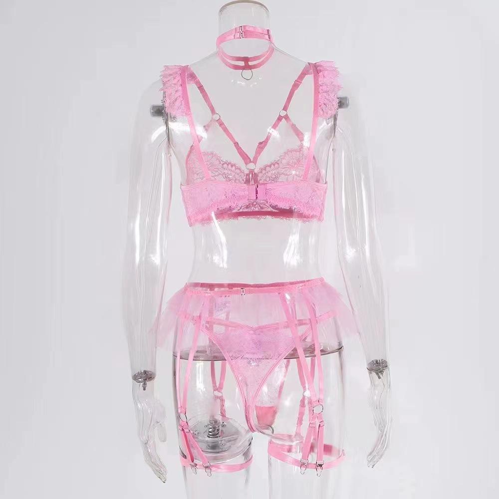 Pink Lace Embroidery Backless Stocking 3-Piece Set for Women