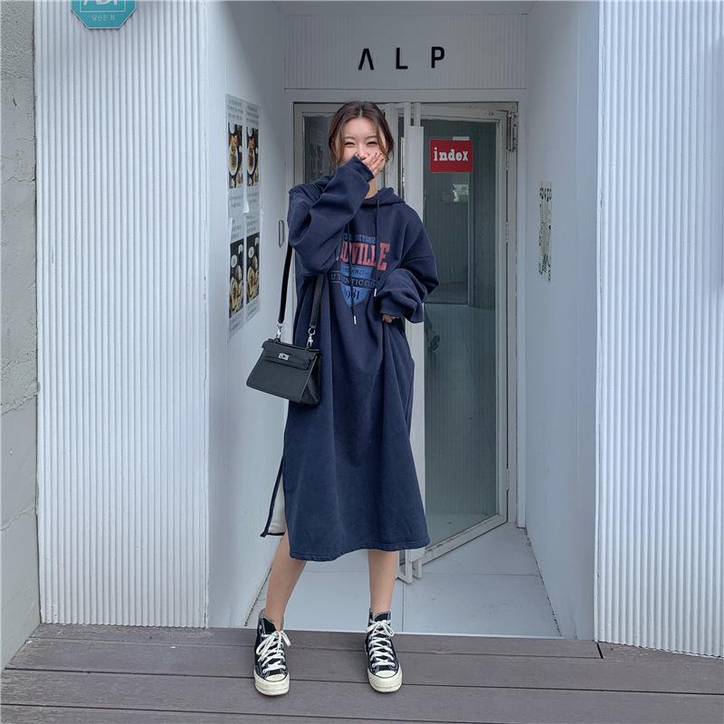 Harajuku Wind Mid-length Sweater Female Ins Striped Long-sleeved Dresses Winter Loose Over The Knee Padded Fashion Retro Versatile Sweatshirt