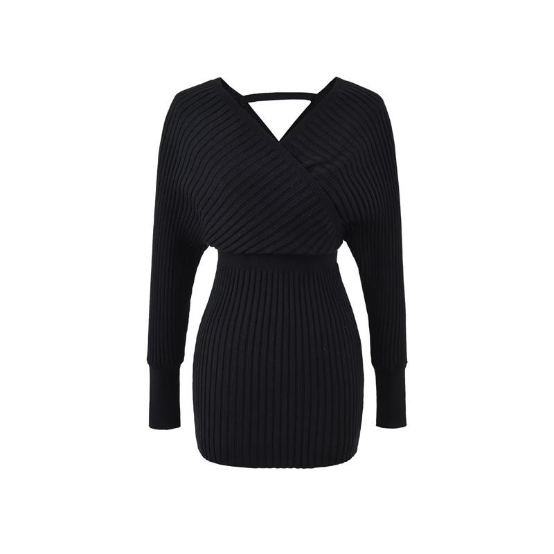 Elegant V-neck Waist-cinching Knit Dress for Women - Slim Fit Long Sleeve Short Skirt Medium