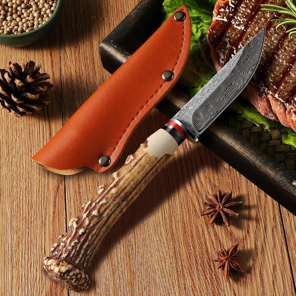 1pc Angular Handle Multi-Functional Knife-Damascus Pattern Blade Knife with Sheath Cover,Ideal for Meat Fruit Cuttin and Carving