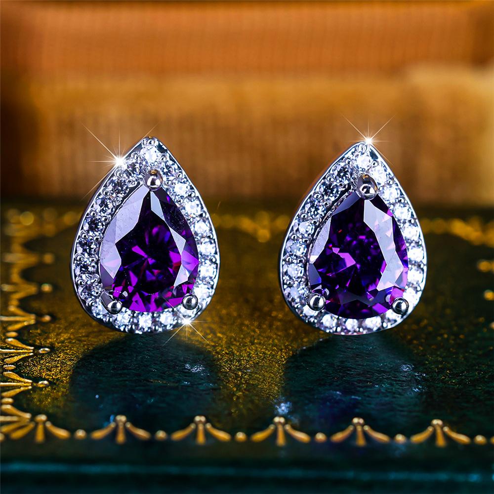 Boho Female Crystal Green Blue Stone Small Silver Color Stud Earrings Vintage Party Wedding For Women