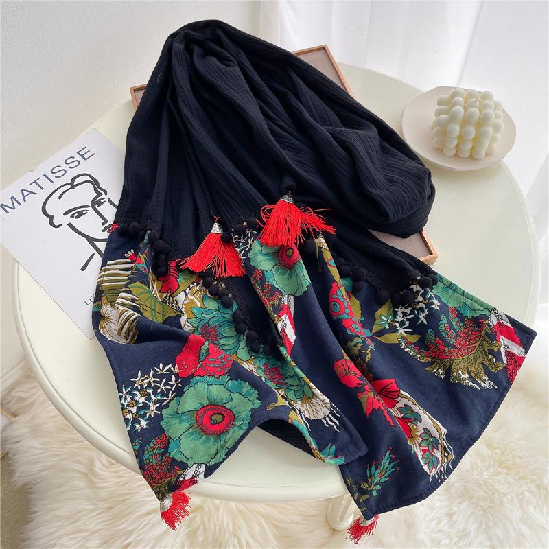 

2024 Европейский и американский ретро однотонный вышитый кешью длинная шаль из чистого хлопка с бахромой из деревянных бусин 226*36.5cm