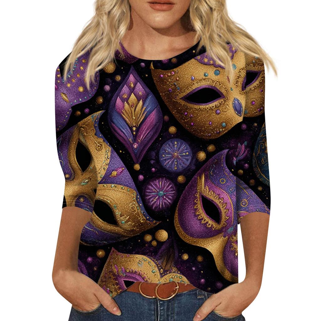 Top de Cuello con Estampado de Carnaval de Manga Tres Cuartos Casual y a la Moda para Mujer