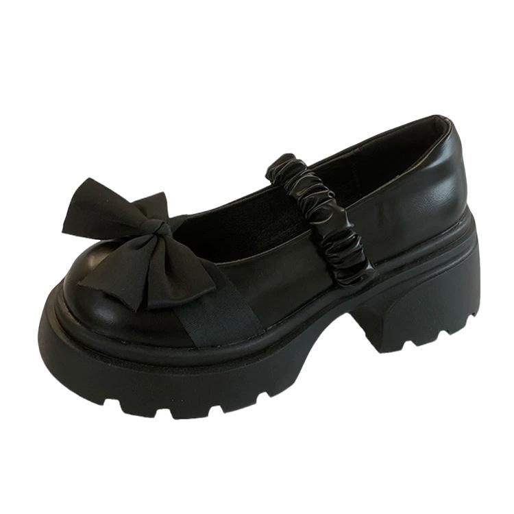 22 dicksohlige Mary Jane kleine Lederschuhe Frühling und Sommer Französische High-Heel Muffin-Absatz dicker Absatz Schleife einzelne Schuhe