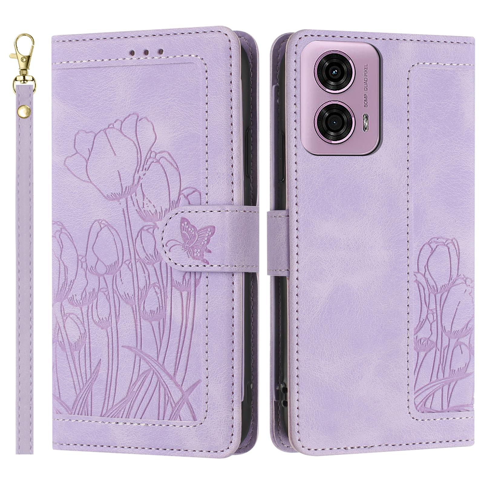 

For Motorola Moto G Power (2025) Tulip Leather Case Phone Cover with 5 Card Slots Wallet Purple