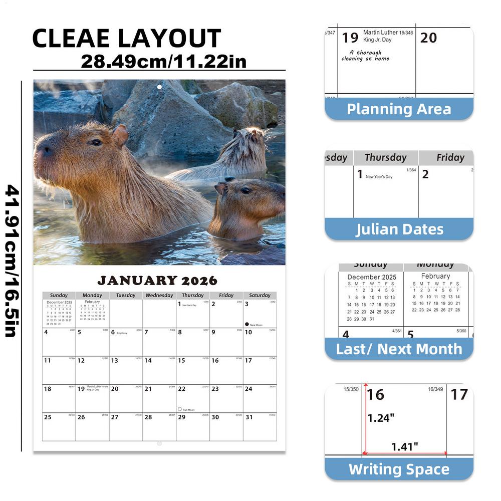 

2026-2027 Capybara-Themed Calendar Anti Ink Bleed Planner 13 Months Wall Calendar January 2026 with Julian Dates for Home School