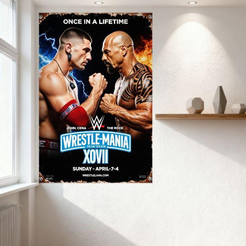 WWE WrestleMania XVII Vintage plechová cedule John Cena vs The Rock Plakát akce s blesky a plameny pro pánský doupě bar domov De