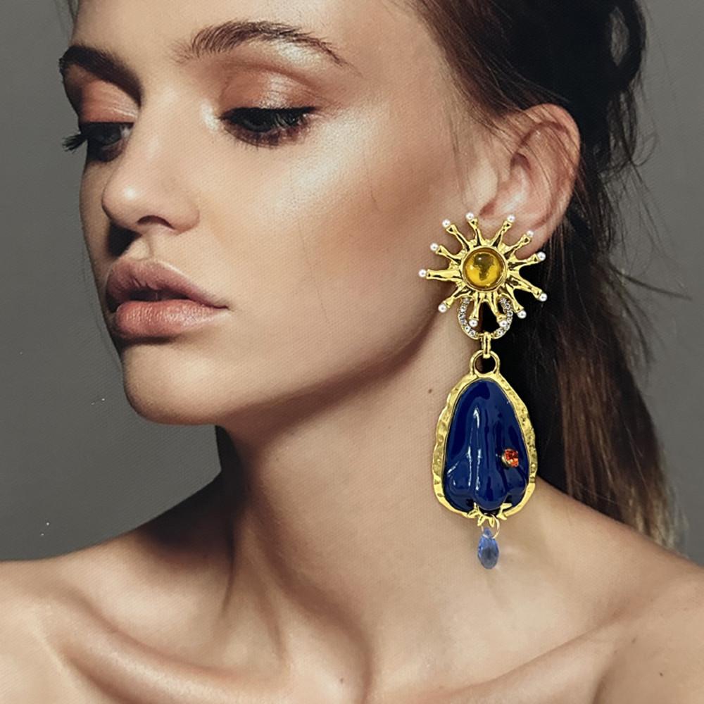Exaggerated Blue Stone Water Drop Dangle Earrings for Women Jewelry Baroque Style Party Show Statement Earrings Accessories