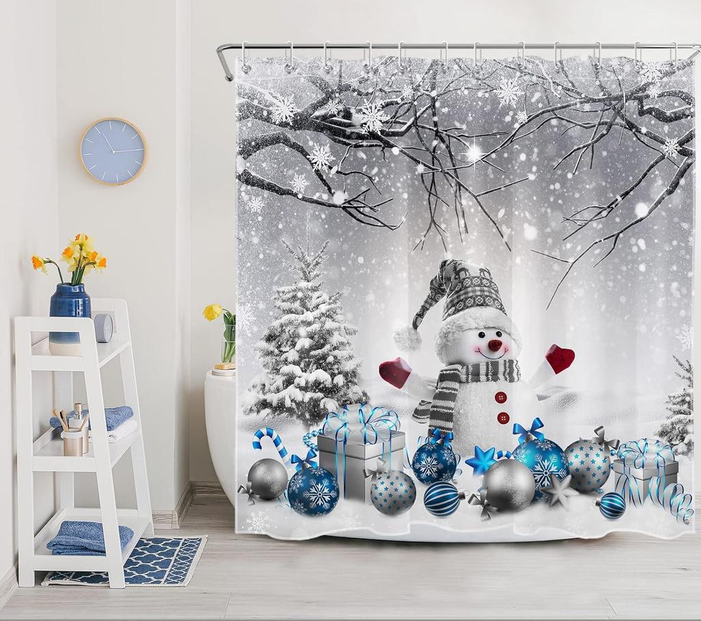 Winter Christmas Shower Curtain with Hooks, Cute Snowman in Snowy Forest Shower Curtain for Bathroom Decor Pine Tree Covered