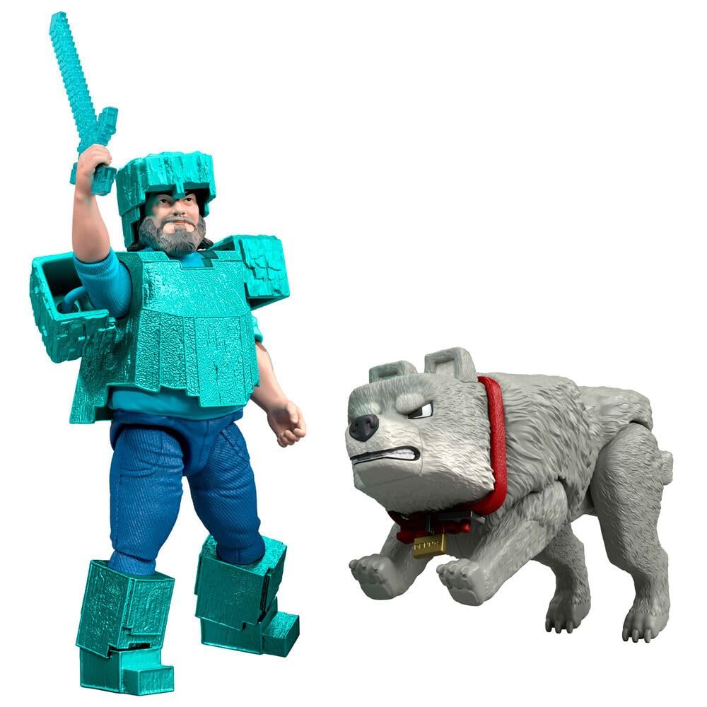 Mattel Minecraft Figura de 4 pulgadas Minecraft Movie Steve con Armadura de Diamante El Mejor Amigo del Hombre Dennis el Lobo
