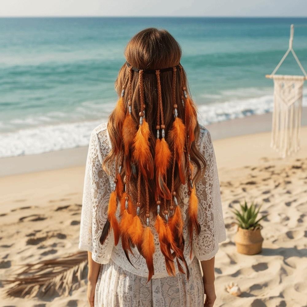 Synthetic Braided Cord Boho Feather Headpiece Adjustable Slide Bead Multi-strand Design Tribal Hair Extension