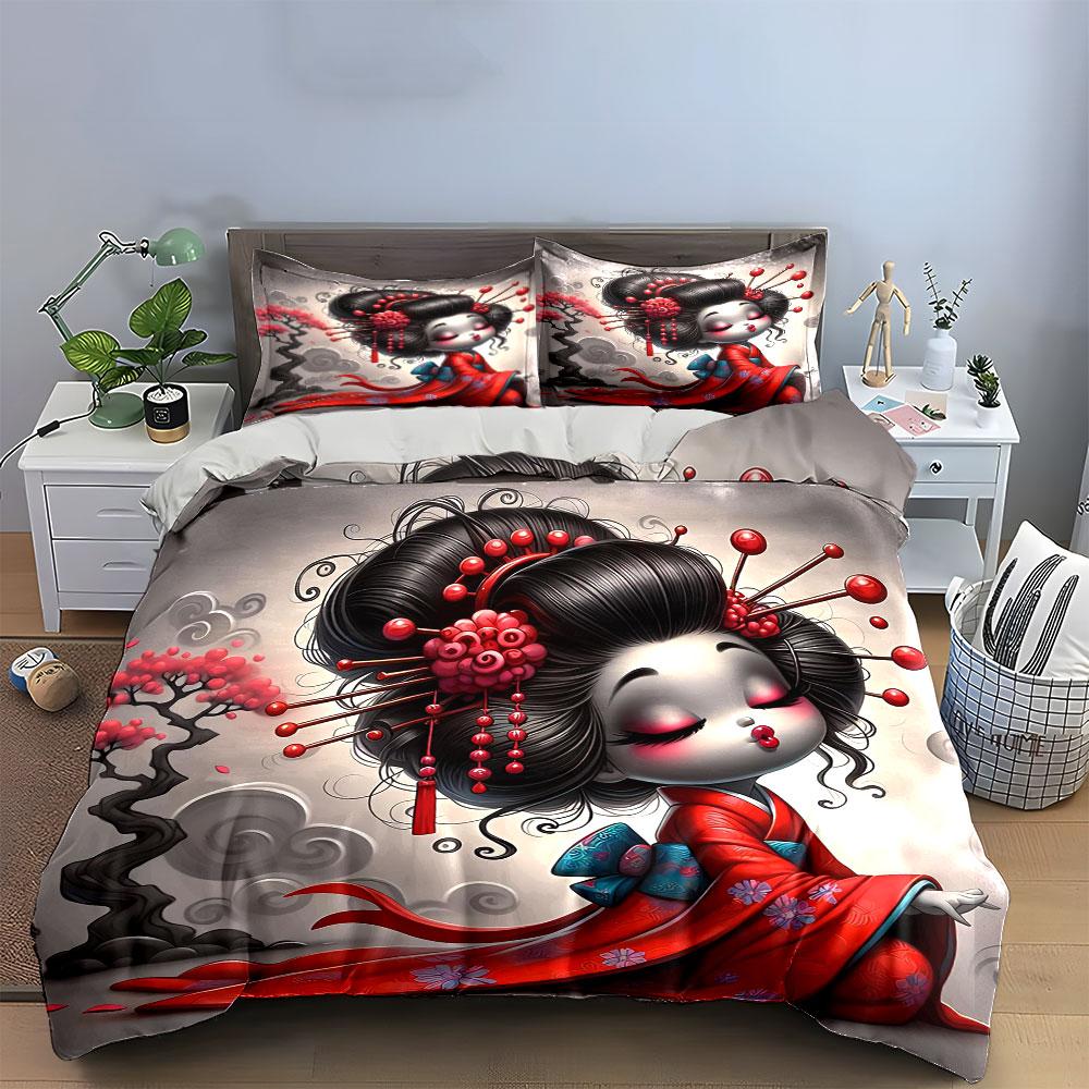 "Geisha Style Art Decoration Set" Soft Skin-Friendly Bedding Set Includes 1 Duvet Cover And 2 Pillowcase Gift