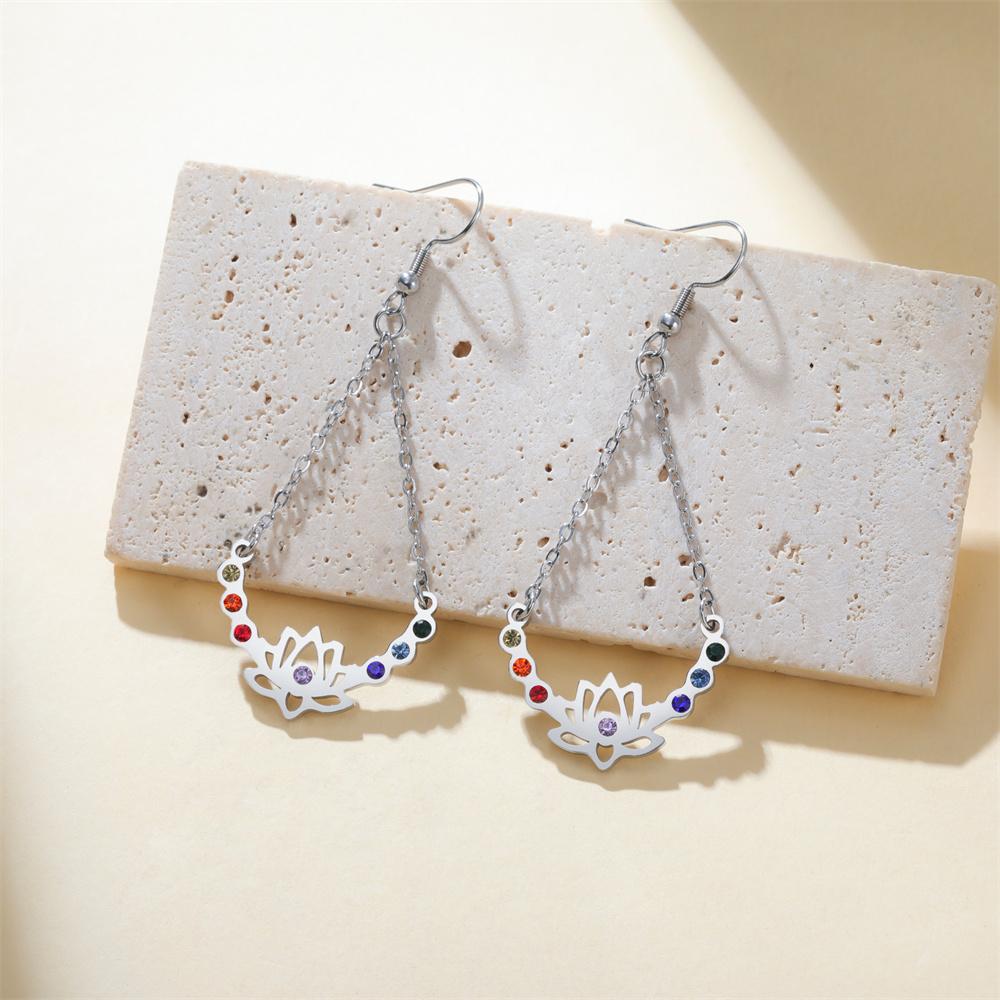 

Lotus Flower 7 Chakra Earrings Stainless Steel Colorful Rhinestone Dangle Earrings Spiritual Jewelry for Yoga Healing Meditation