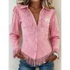 Camicia da Donna Western con Frange e Bottoni Manica Lunga Effetto Scamosciato Casual Blusa da Cowgirl Top Autunnale