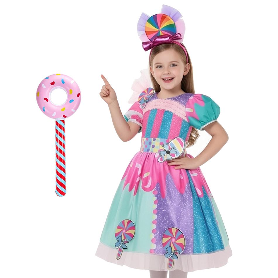Purim Girls Lollipop Candy Dress With Headband 2 PCS Set Princess Cosplay Carnival Birthday Party Gift Cute Rainbow Costume