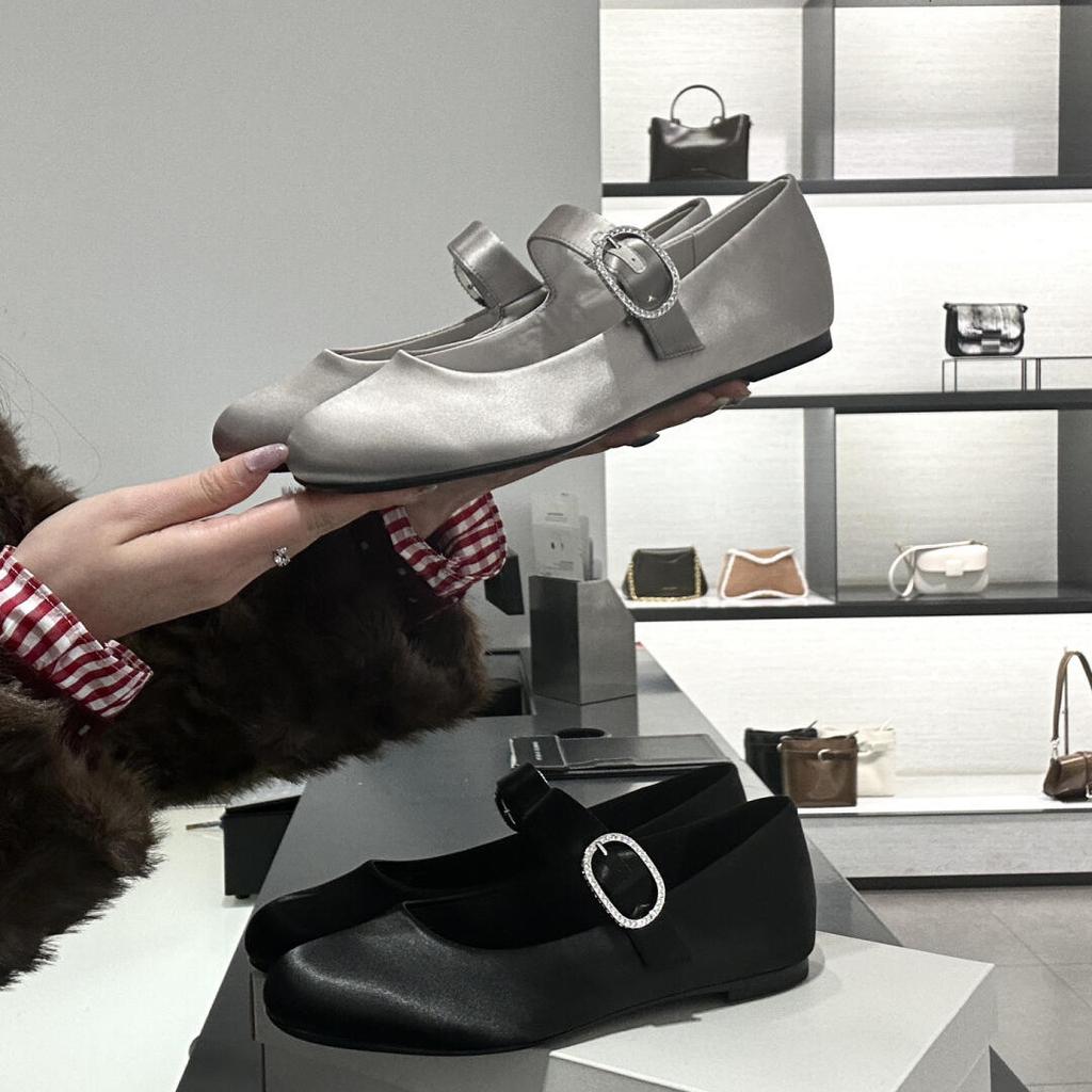 Sheepskin version~ 2025 new rhinestone leather soft-soled single shoes women's round head flat-soled ballet shoes Mary Jane ladyshoes