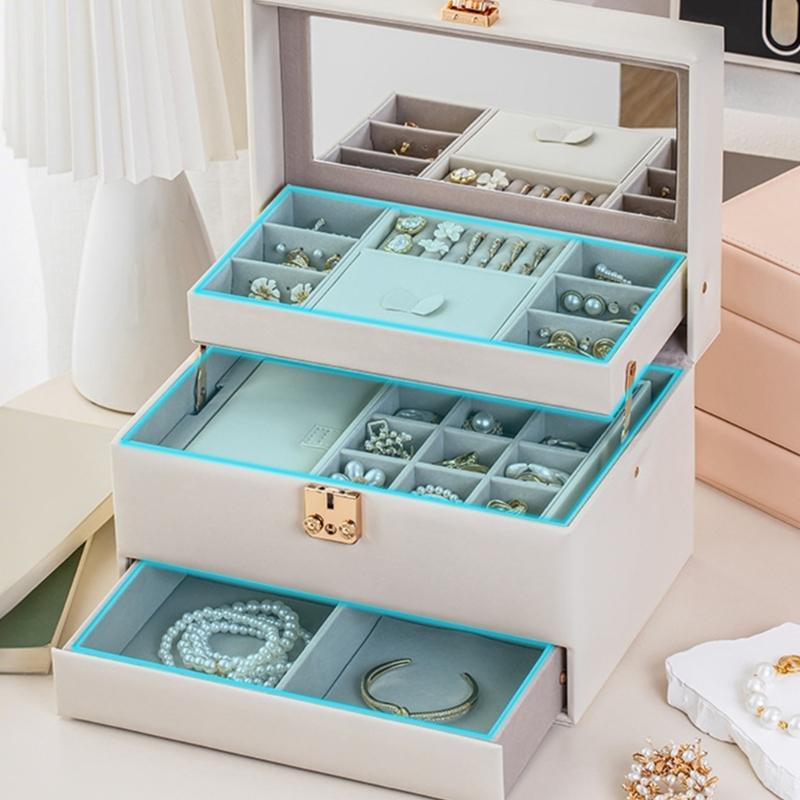 Leather Jewelry Case With Auto Open Designs Multiple Layer Compartments For Necklace Earring Rings Storage