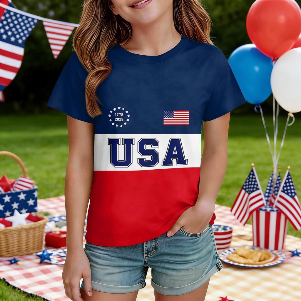 Kids Independence Day Print Round Neck Short Sleeve Casual T-shirt