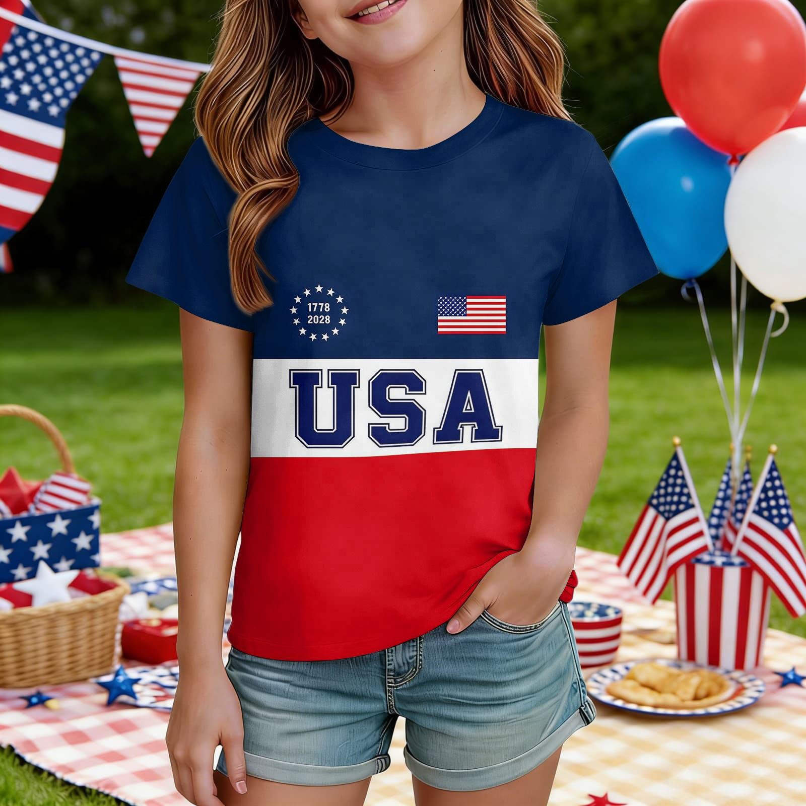 

Short Sleeve Crew Neck T Shirt with Floral Number Print Flag and Butterfly Graphic for Girls Casual Wear 160 кавун червоний колір