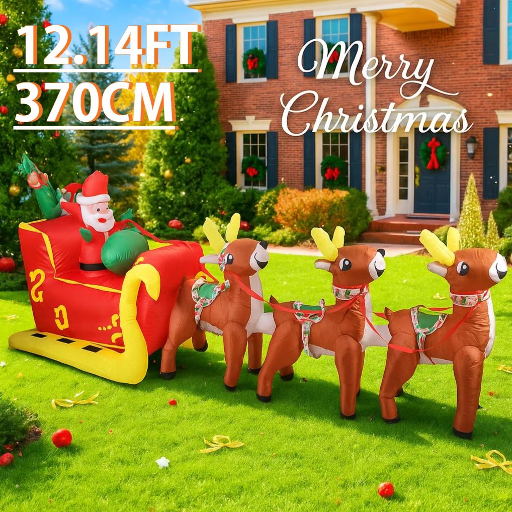 12.14FT Xmas Yard Party Decoration Inflatable Santa Claus Reindeer Sleigh Toys LED Light Home Ornaments Supplies Christmas Gift