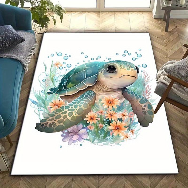 Crystal Velvet Area Rug Featuring Sea Turtle Prints, Suitable for Bedroom And Living Room Decor, Non-Slip Mat for Bedside Use.