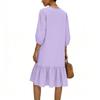 Women's Flowing Pleated V-Neck 3/4 Sleeve Linen Dress