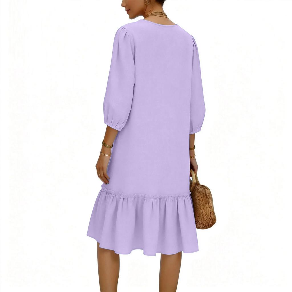Women's Flowing Pleated V-Neck 3/4 Sleeve Linen Dress