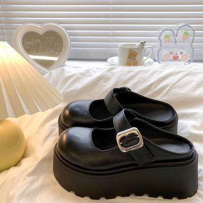 Muffin Thick Bottom Heightens Baotou Mary Jane Half Slippers Women's 2025 Summer New Casual Fashion Outer Wear One-word Drag
