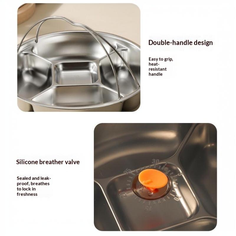 Stainless Steel 5 Compartment Steaming Plate With Handle Divided Food Tray Round Serving Plate For Home Kitchen Meal Prep