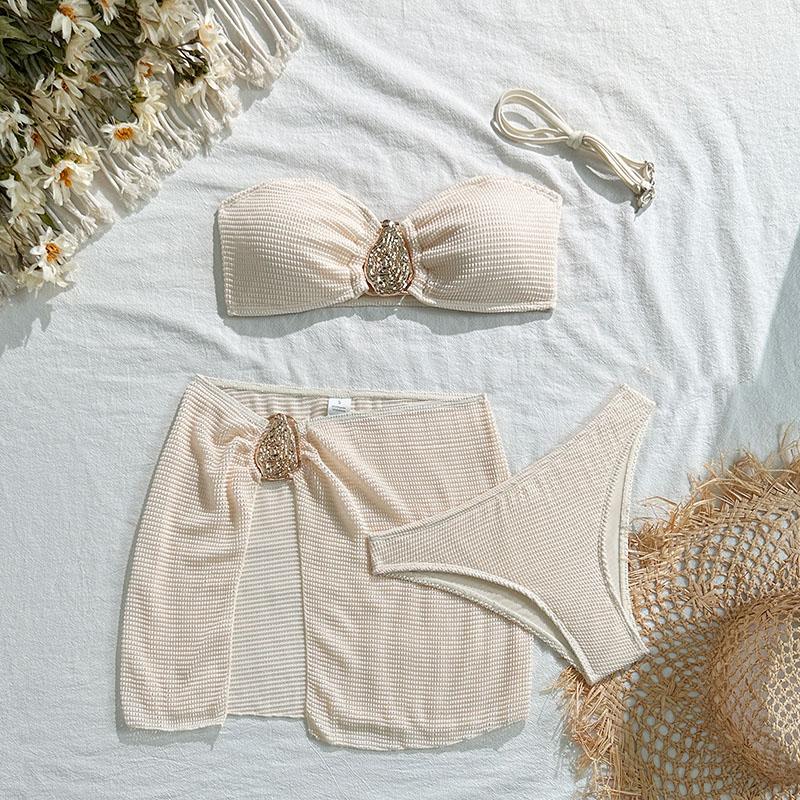 Solid Colors With Skirt Bandeau Bikini Female Swimsuit Women Swimwear Three-pieces Bikini Set Padded Bather Bathing Suit Swim