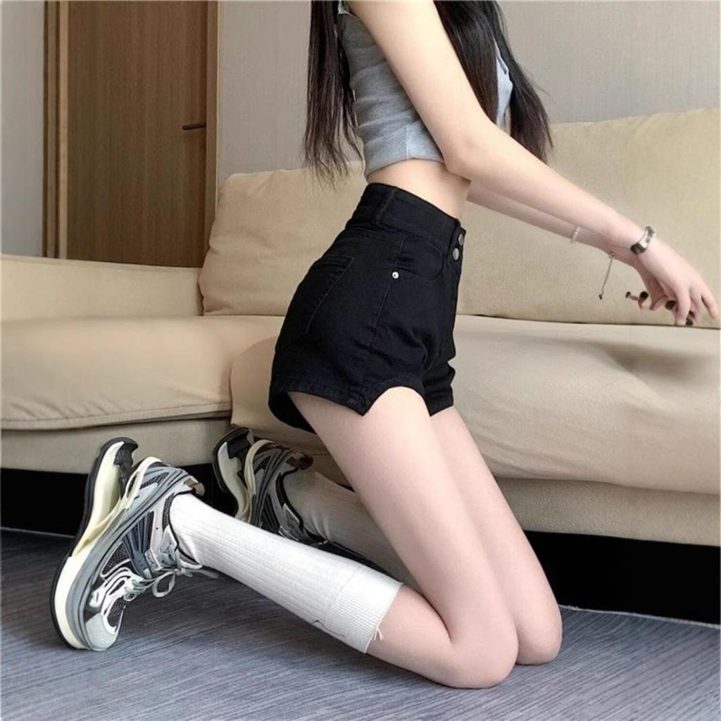 Women's High-Waist Black Double Buckle Denim Shorts - A-Line Petite Summer 2025 Trend