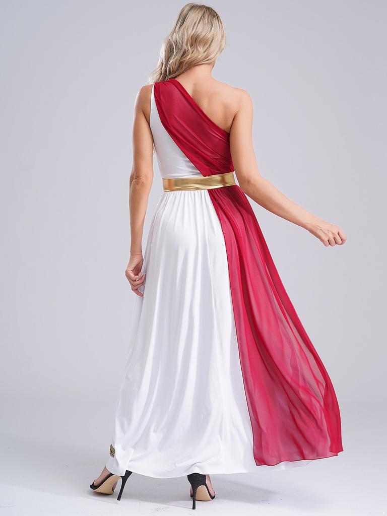 Damen Antikes griechisches Lob, Tanzbekleidung, Königin, Prinzessin, Cosplay-Robe, eine Schulter, Chiffon-Overlay, Vintage-Besatz, Tunika-Kleid
