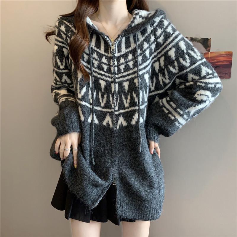 Vintage Fair Island Jacquard Sweater Cardigan Women's Autumn and Winter Thickened Lazy Wind Loose Hooded Knitted Sweater Jacket Top