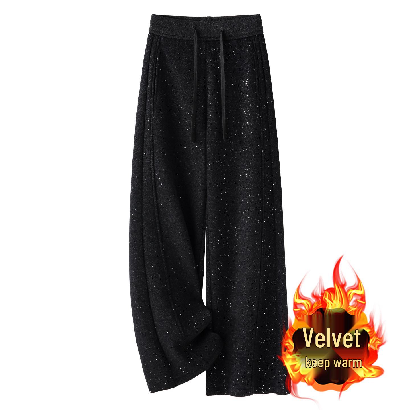 

Gray Rhinestone Wool Wide-Leg Pants - Women s Winter 2025 High-Waisted Velvet-Enhanced Straight-Leg Trousers 3XL