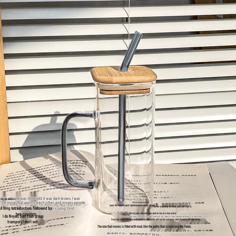 Shangqi Square Glass Cup with Straw & Bamboo Lid, 2-Pack