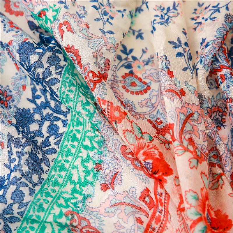 Women's Summer Retro Style Floral Silk Scarf with Colorful Tassels