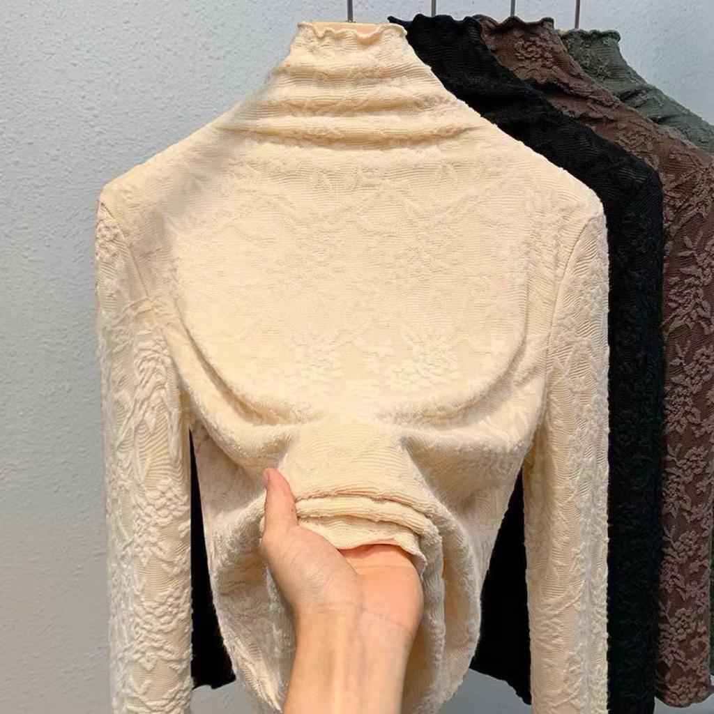 Women's High-Neck Lace Jacquard Base Layer Top - Fleece or Thin-Lined for Autumn & Winter Warmth.