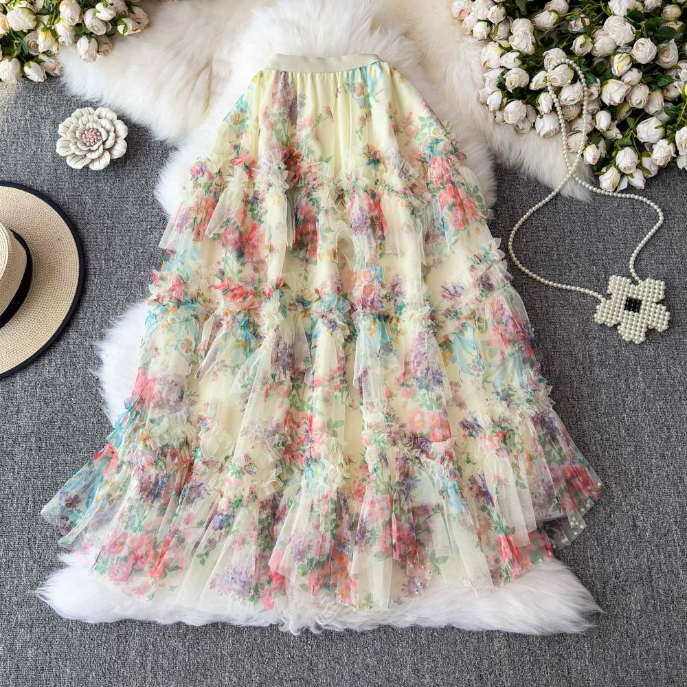 

Юбки DIMANAF 2025 Летние Женские Новые Эластичная Талия Плиссированные Сетчатые Элегантные Юбки one size бежевый