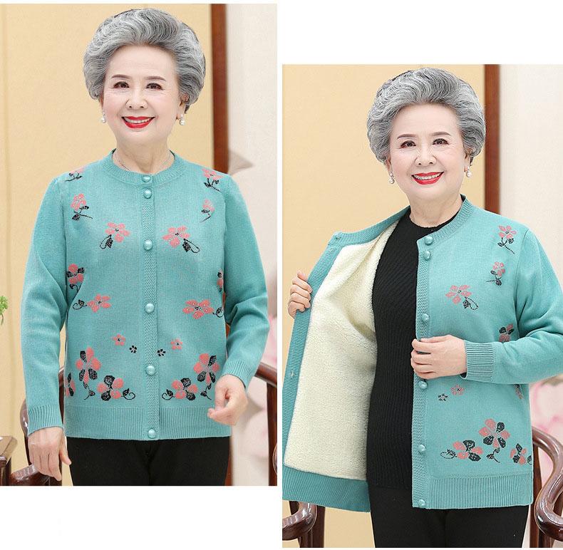 Dámský svetr pro střední a starší věk Pletený cardigan Šaty pro maminky Plus sametové zesílení Babička Teplý kabát Podzimní a zimní topy