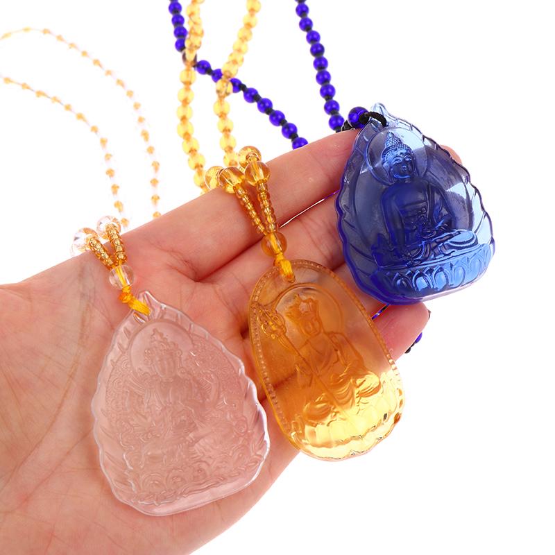 Blue White Gold And Yellow Crystal Carved Buddha Bodhisattva Pendant Necklace Jewelry Charm Aura Amulet Gift For Men Women