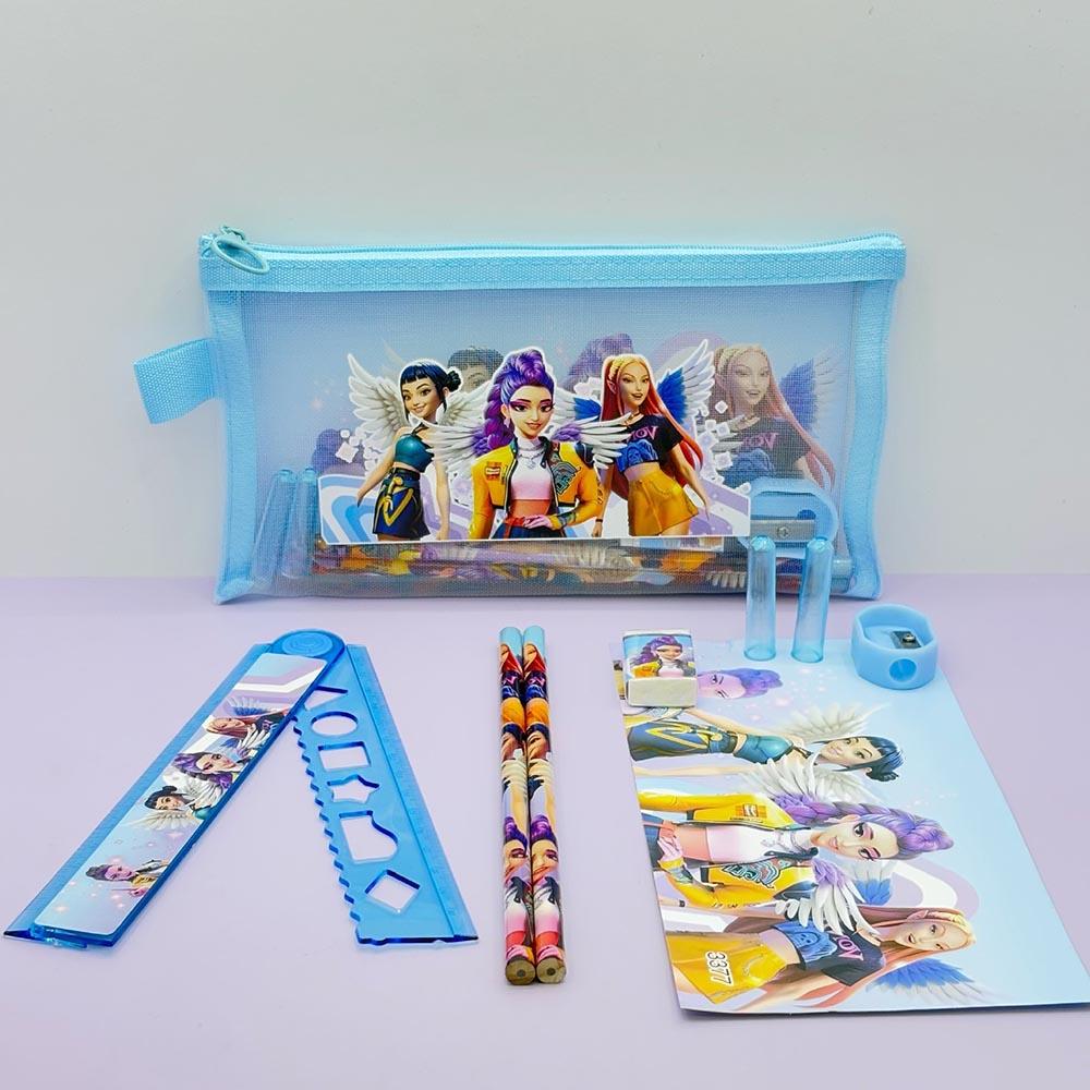 Kpop Dämonenjäger Schreibwaren-Set Stifte Lineal Anspitzer Federmäppchen Radiergummi-Set Niedliche Schüler Schulanfangsbedarf Geschenk